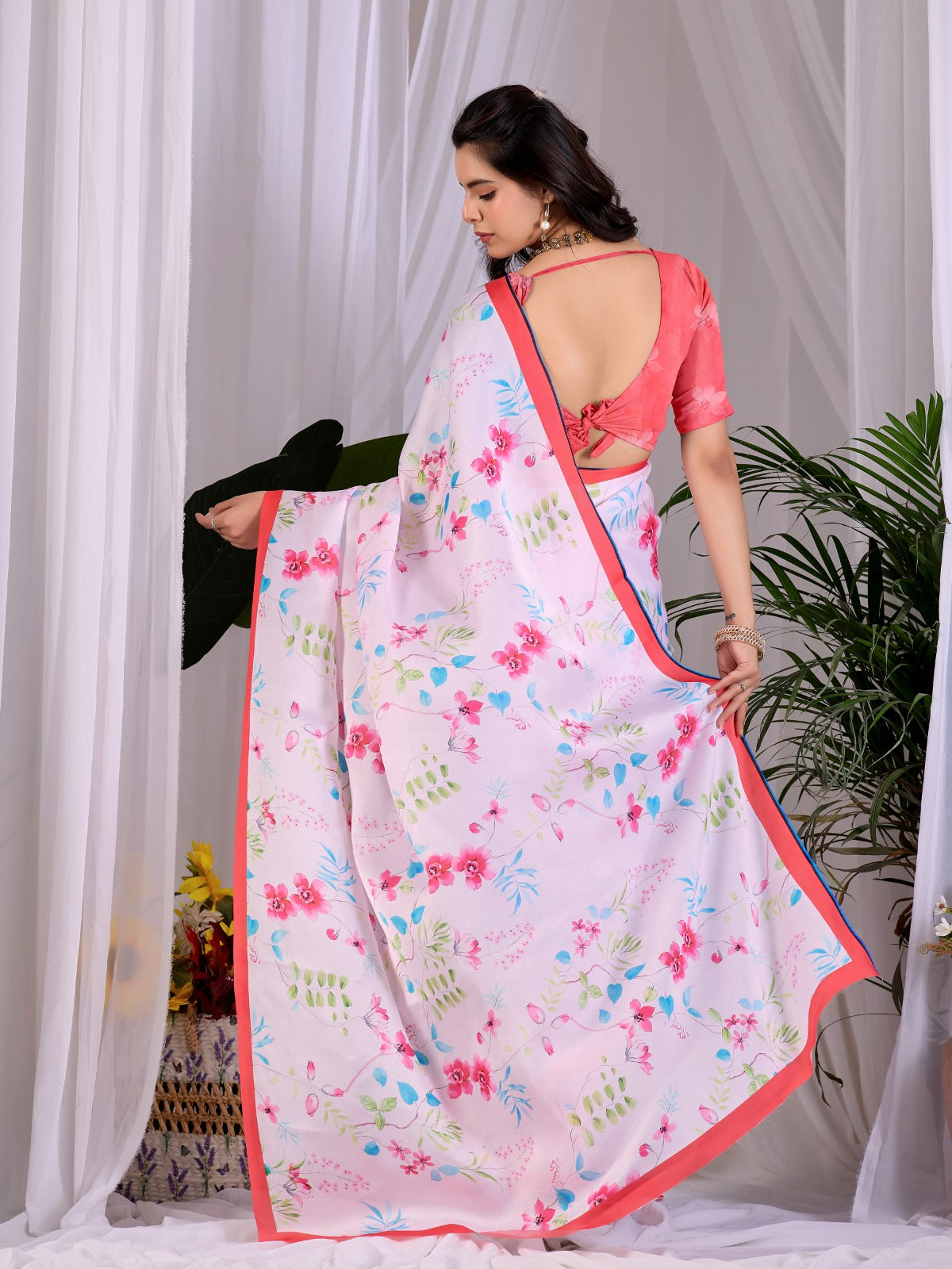Women's Saree in Baby Pink Satin Georgette with Floral Digital Print