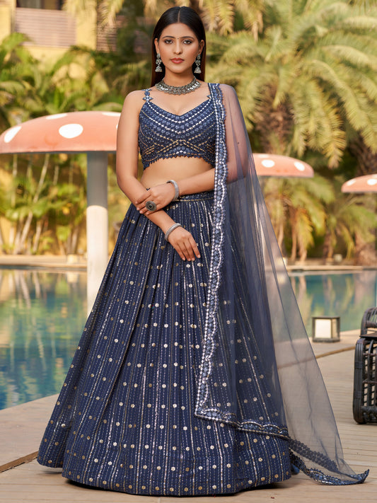 Women's Lehenga Choli in Midnight Blue Grey Georgette with Sequin and Mirror Work