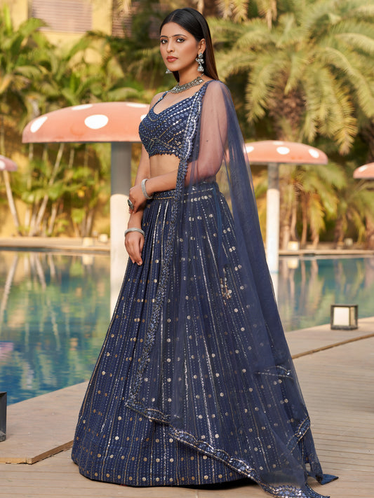 Women's Lehenga Choli in Midnight Blue Grey Georgette with Sequin and Mirror Work