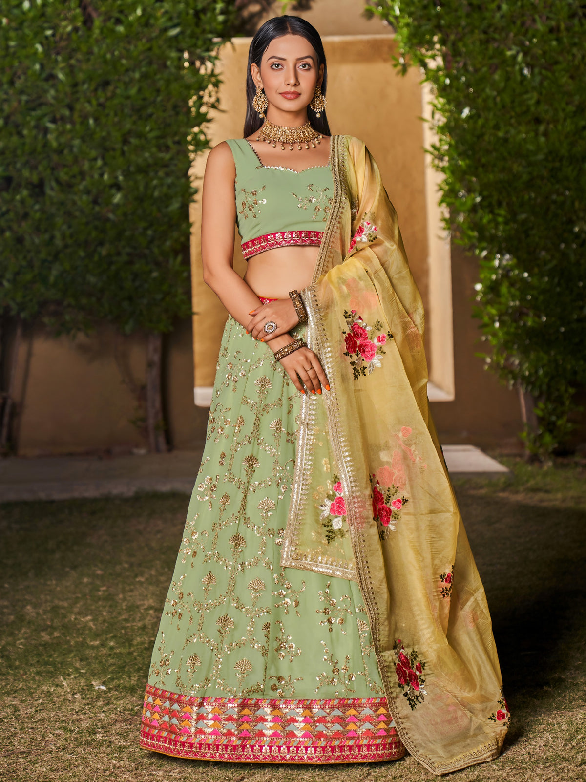 Women's Lehenga Choli in Midnight Blue Grey Georgette with Sequin and Mirror Work