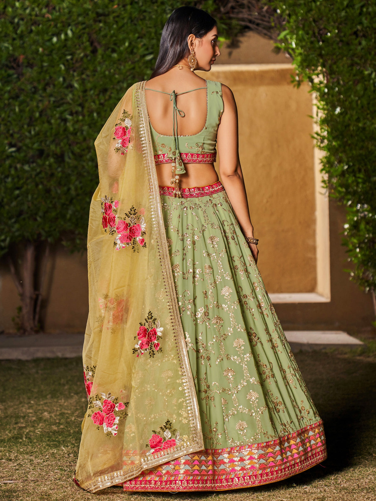 Women's Lehenga Choli in Midnight Blue Grey Georgette with Sequin and Mirror Work