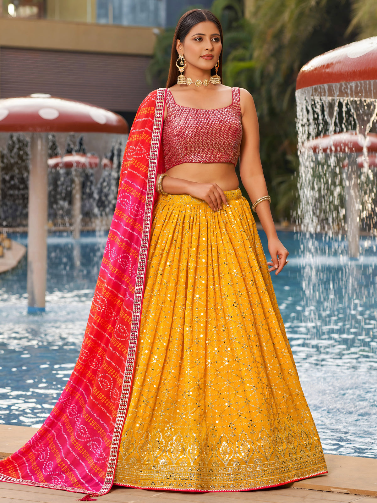 Women's Lehenga Choli Set in Mustard Yellow Georgette with Zari and Sequin Embroidery