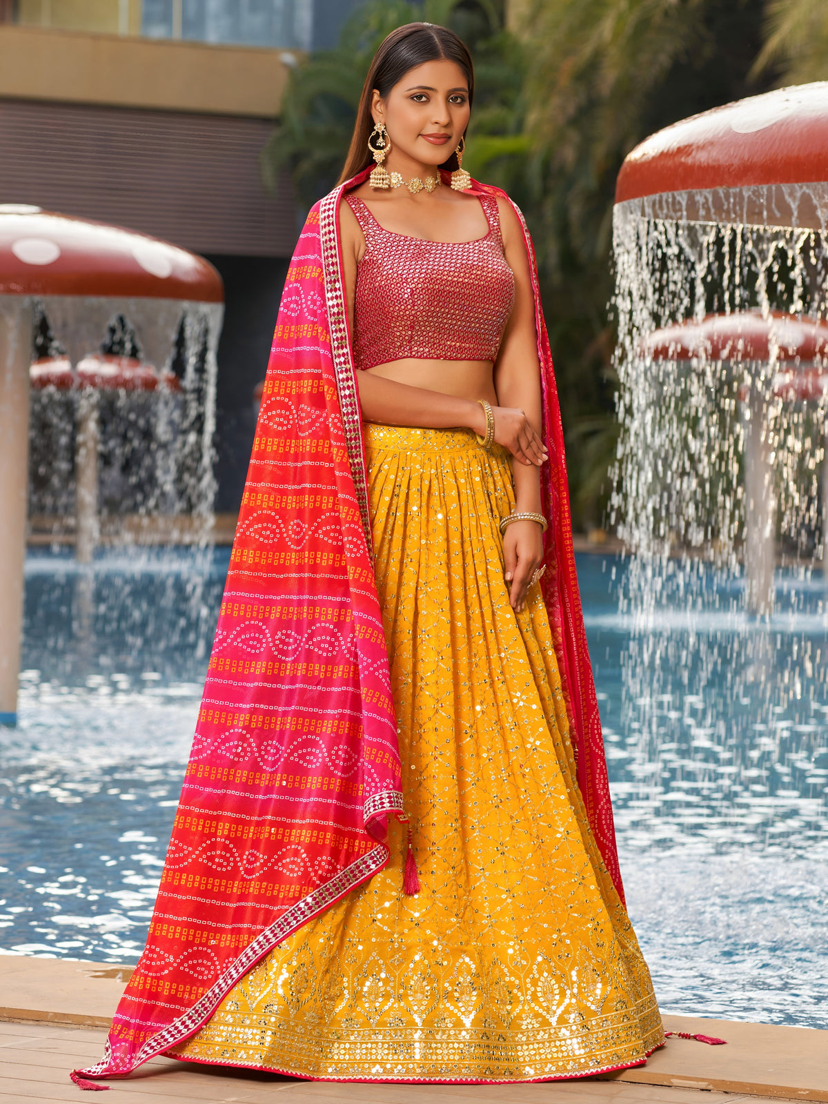 Women's Lehenga Choli Set in Mustard Yellow Georgette with Zari and Sequin Embroidery