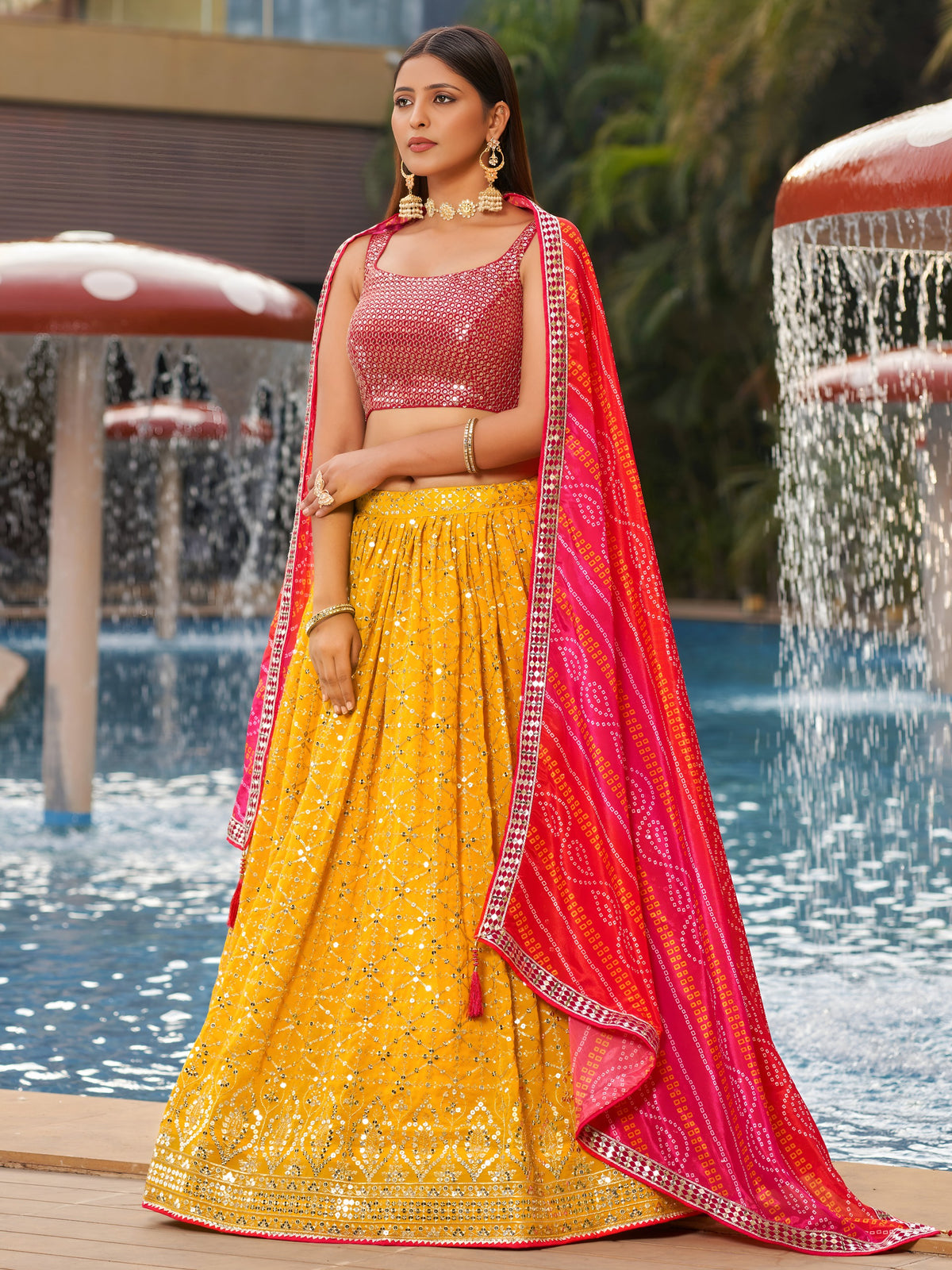 Women's Lehenga Choli Set in Mustard Yellow Georgette with Zari and Sequin Embroidery