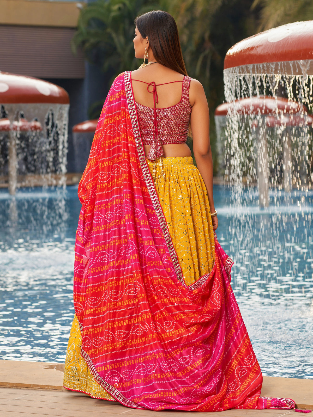 Women's Lehenga Choli Set in Mustard Yellow Georgette with Zari and Sequin Embroidery