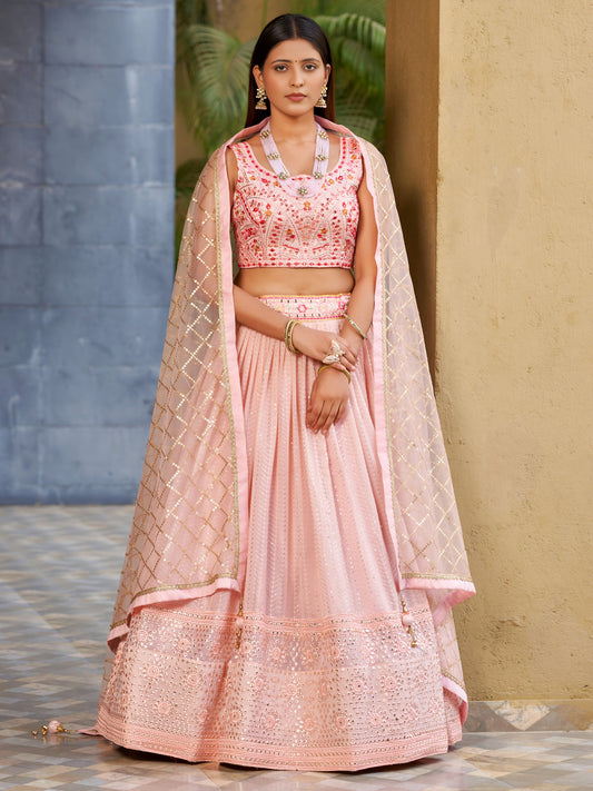 Women's Lehenga Choli Set in Blush Pink Georgette with Mirror, Zari and Sequin Embroidery
