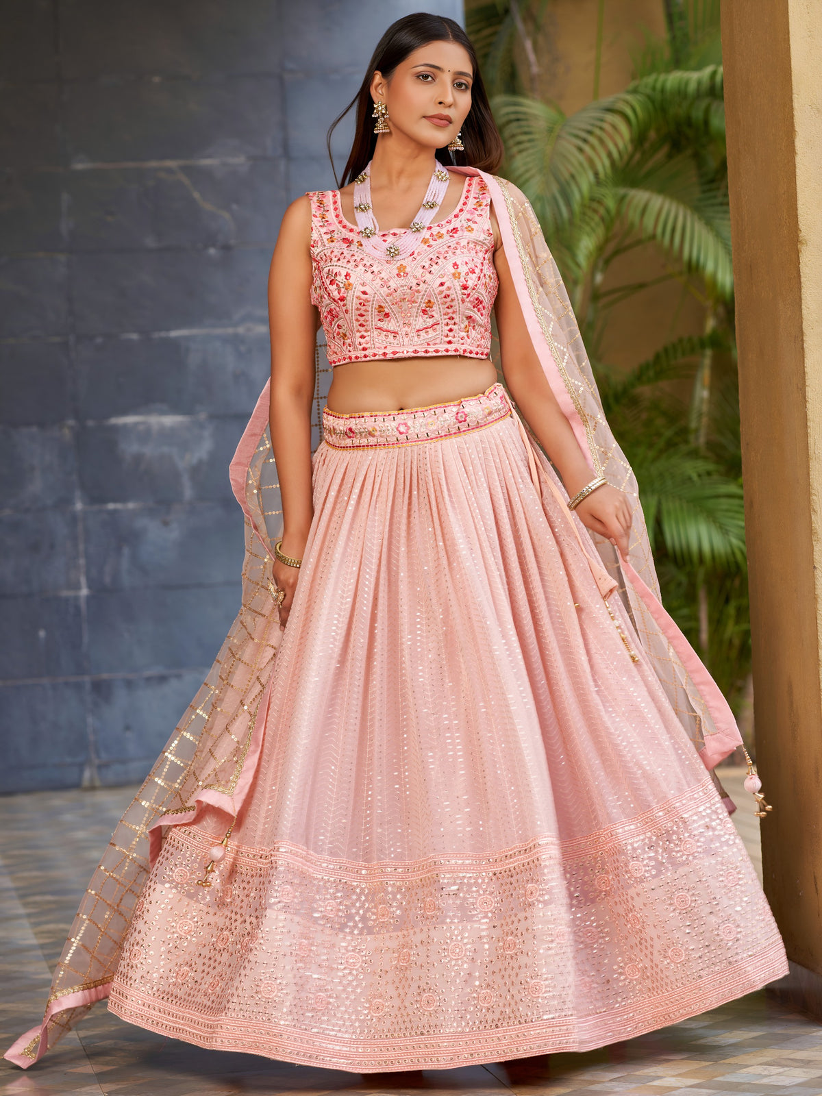 Women's Lehenga Choli Set in Blush Pink Georgette with Mirror, Zari and Sequin Embroidery