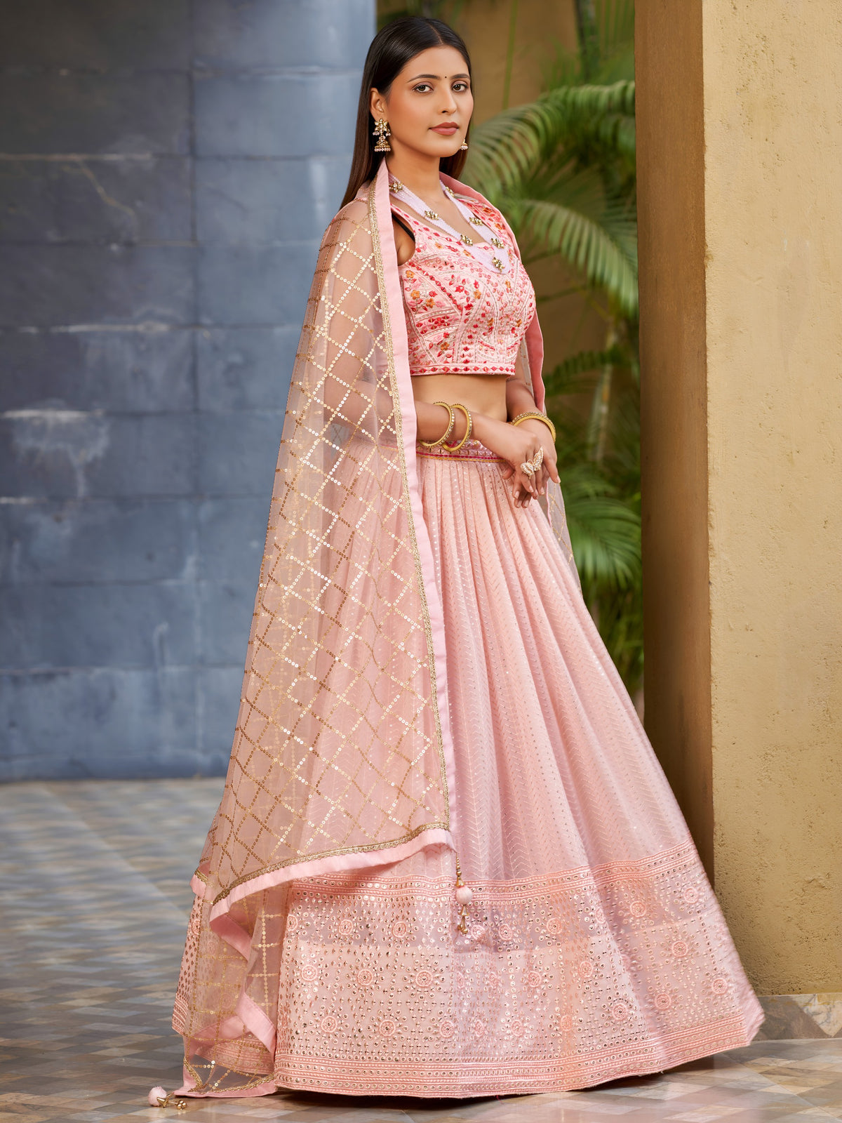 Women's Lehenga Choli Set in Blush Pink Georgette with Mirror, Zari and Sequin Embroidery