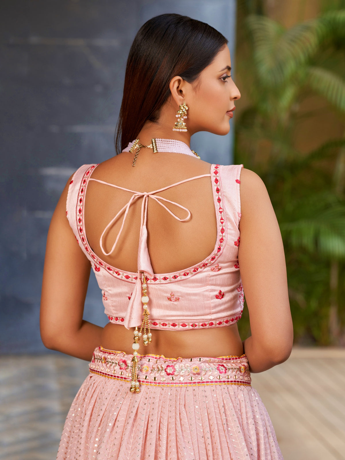 Women's Lehenga Choli Set in Blush Pink Georgette with Mirror, Zari and Sequin Embroidery