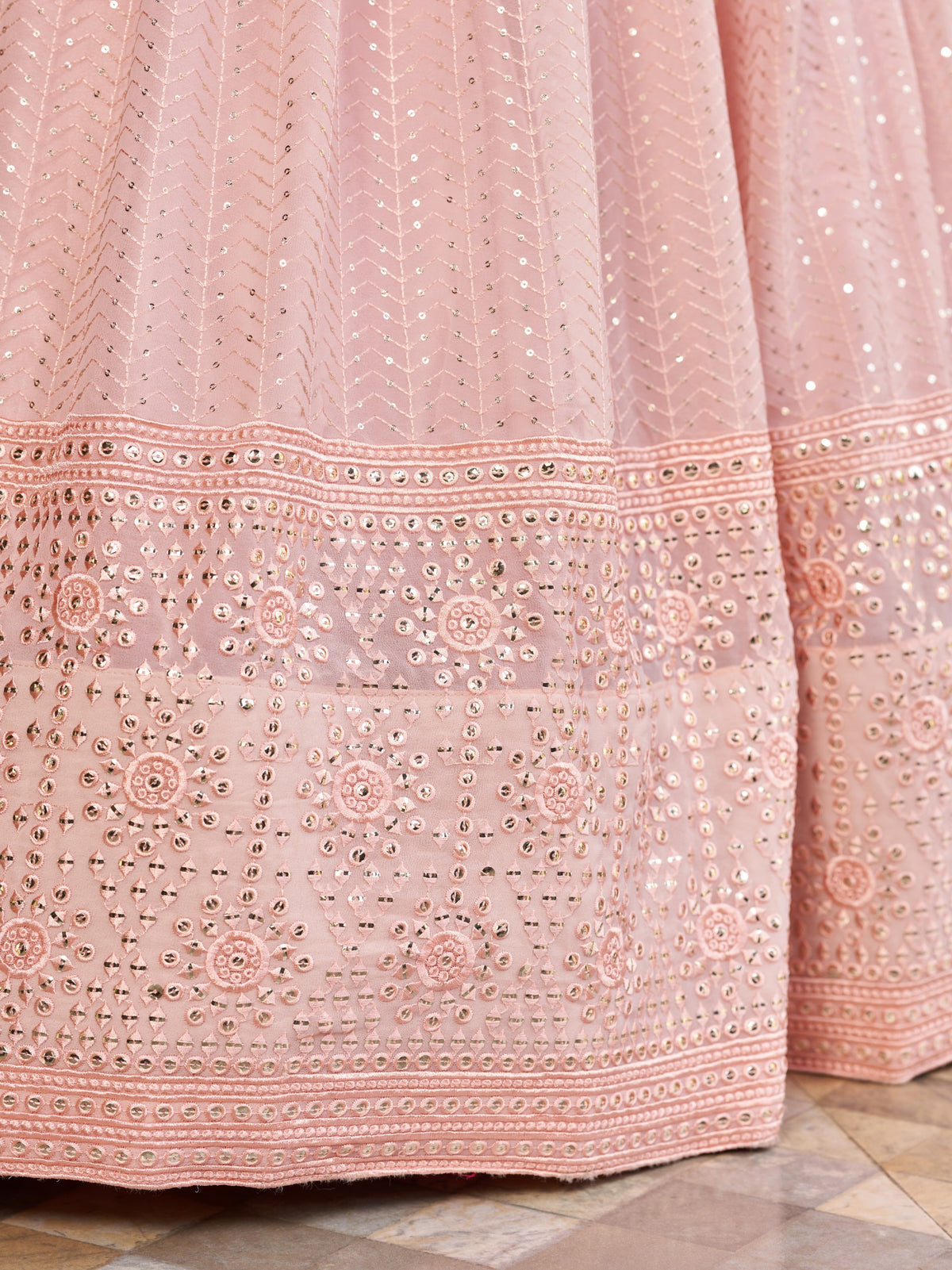 Women's Lehenga Choli Set in Blush Pink Georgette with Mirror, Zari and Sequin Embroidery