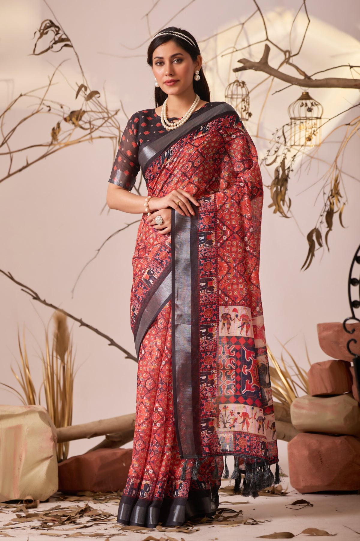Women's Saree in Red and Black Linen Cotton with Digital Ethnic Print