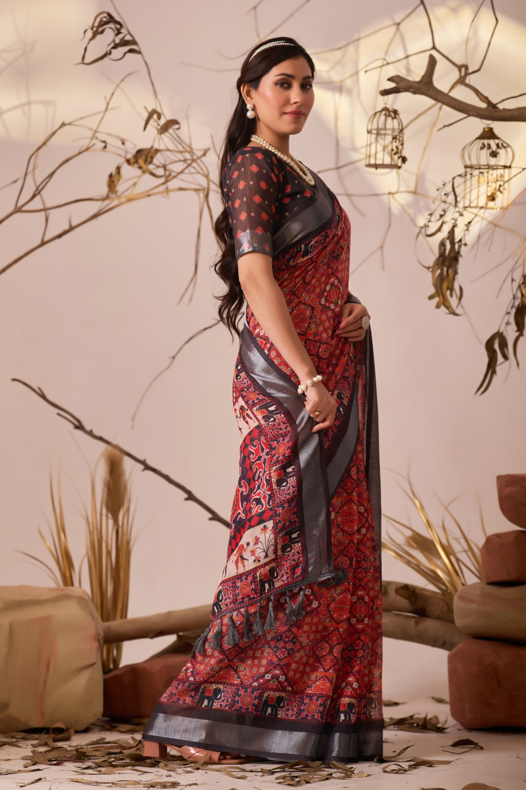 Women's Saree in Red and Black Linen Cotton with Digital Ethnic Print