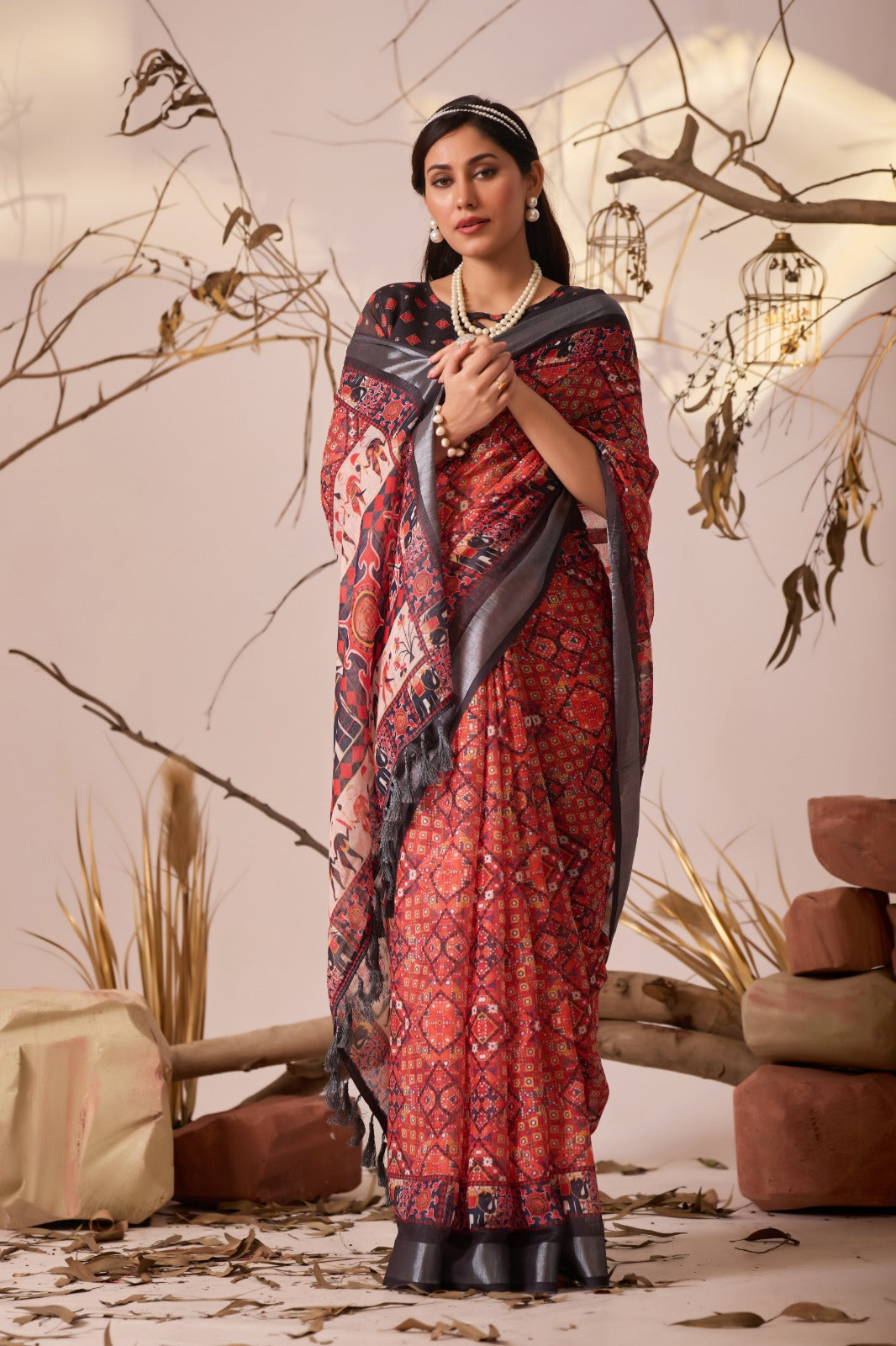 Women's Saree in Red and Black Linen Cotton with Digital Ethnic Print