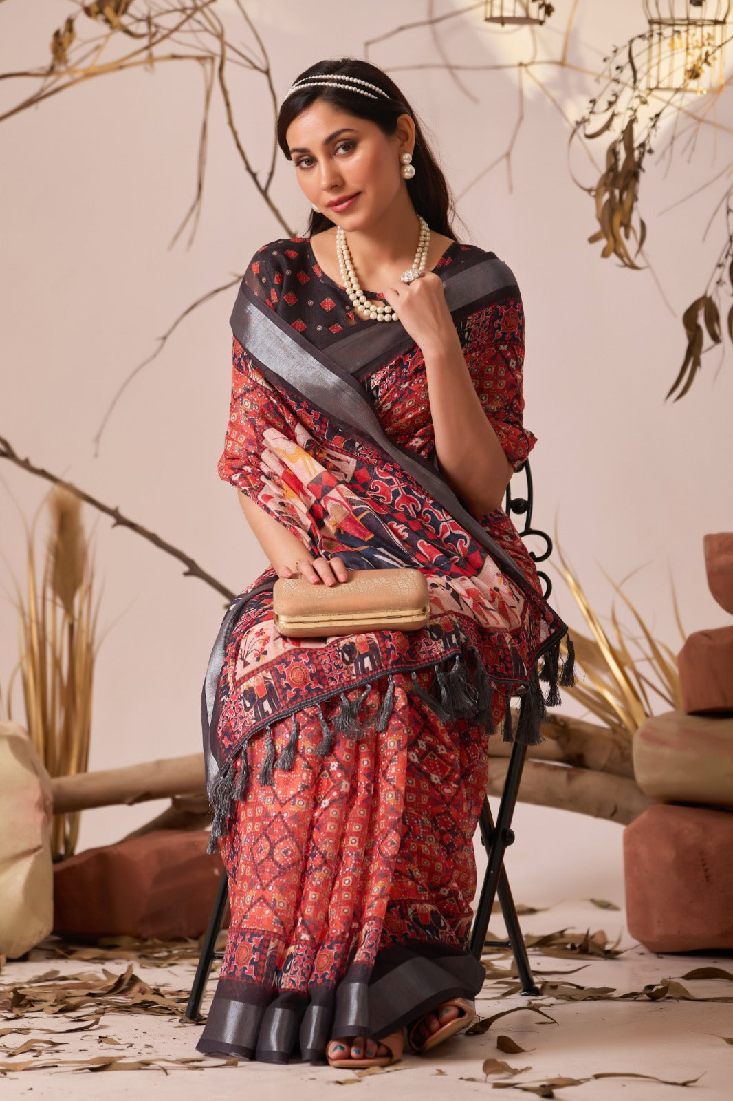Women's Saree in Red and Black Linen Cotton with Digital Ethnic Print