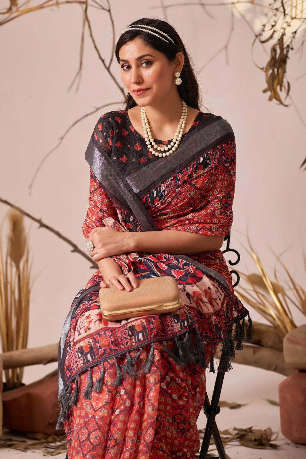 Women's Saree in Red and Black Linen Cotton with Digital Ethnic Print