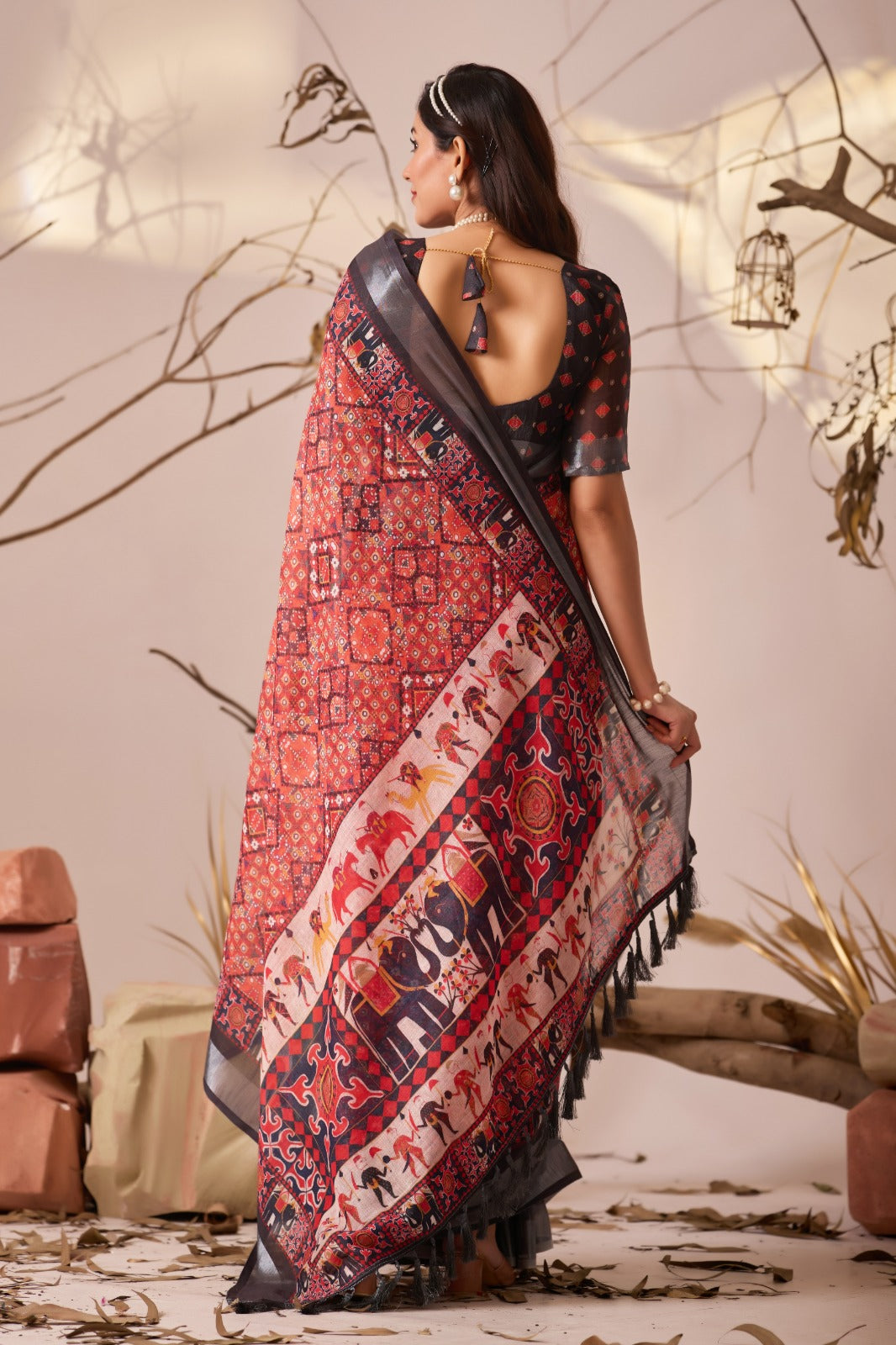 Women's Saree in Red and Black Linen Cotton with Digital Ethnic Print