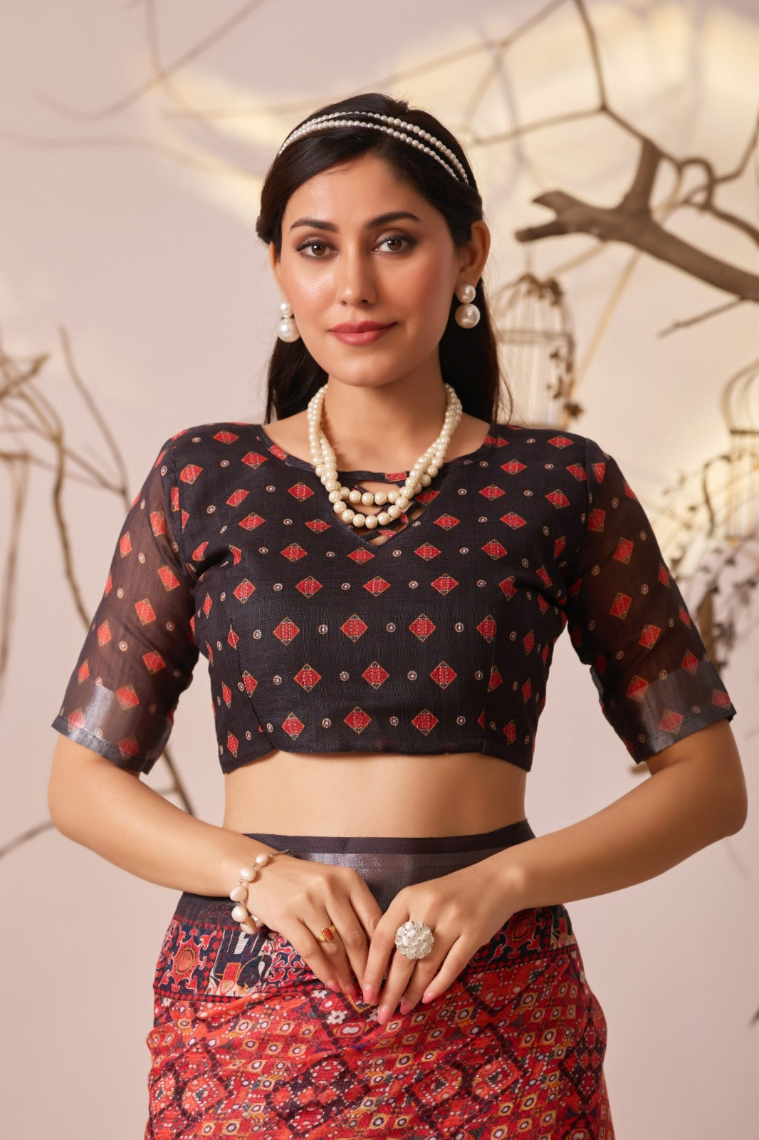 Women's Saree in Red and Black Linen Cotton with Digital Ethnic Print