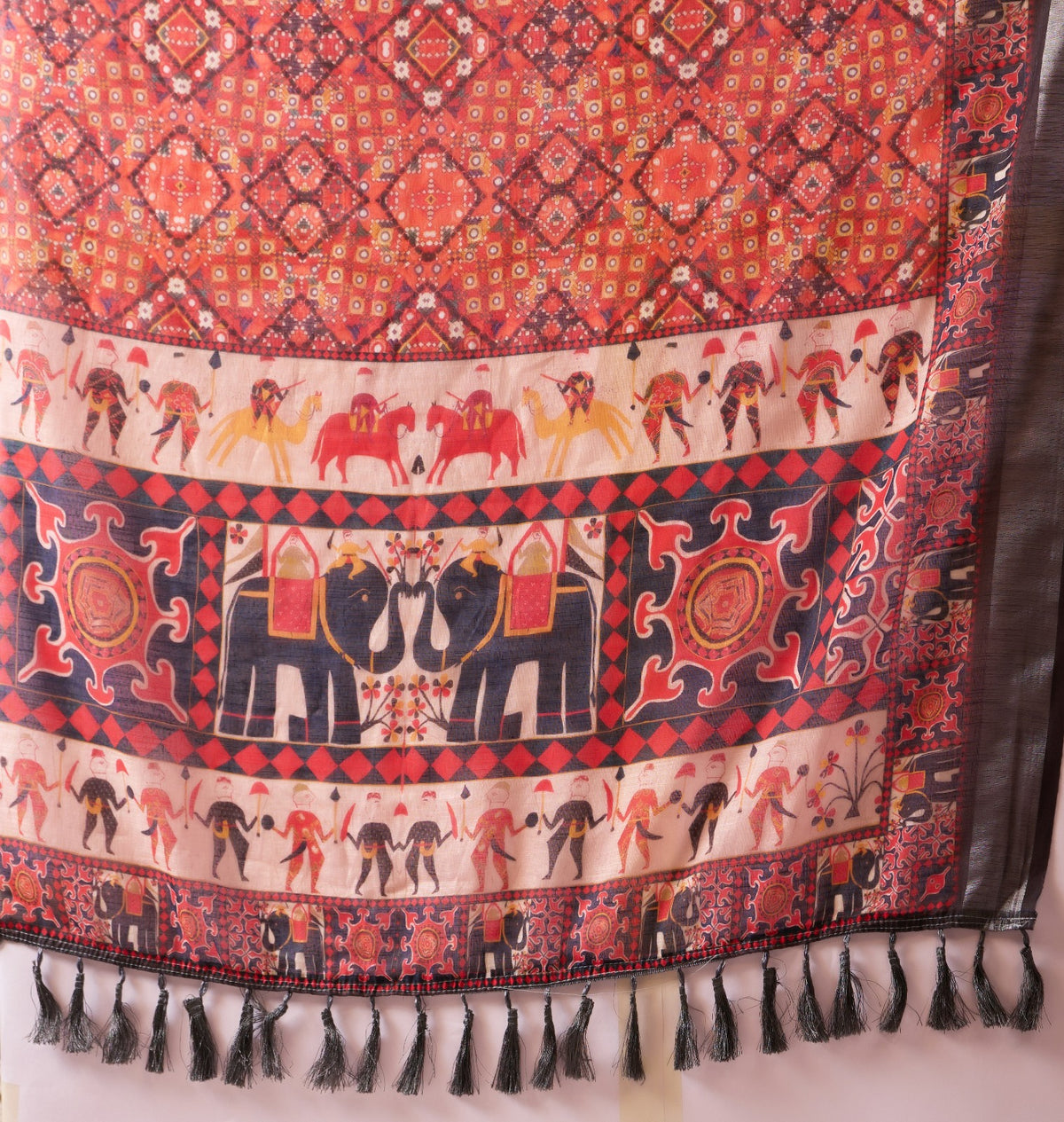 Women's Saree in Red and Black Linen Cotton with Digital Ethnic Print