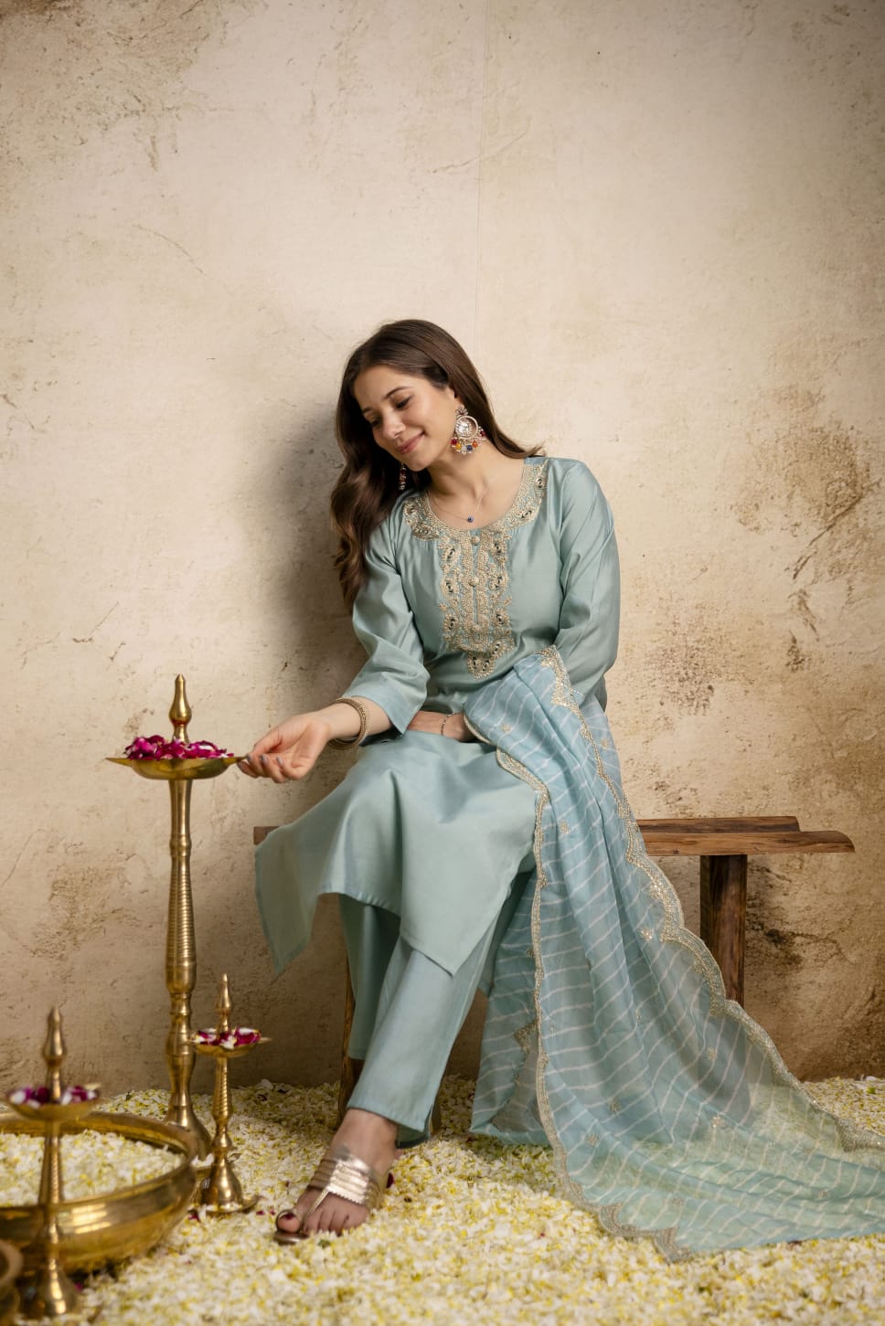 Women's Kurta Set in Powder Blue Viscose Chanderi with Sequin Cording Embroidery