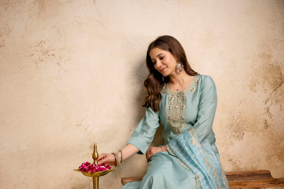 Women's Kurta Set in Powder Blue Viscose Chanderi with Sequin Cording Embroidery