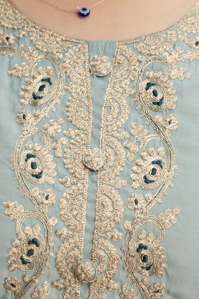 Women's Kurta Set in Powder Blue Viscose Chanderi with Sequin Cording Embroidery