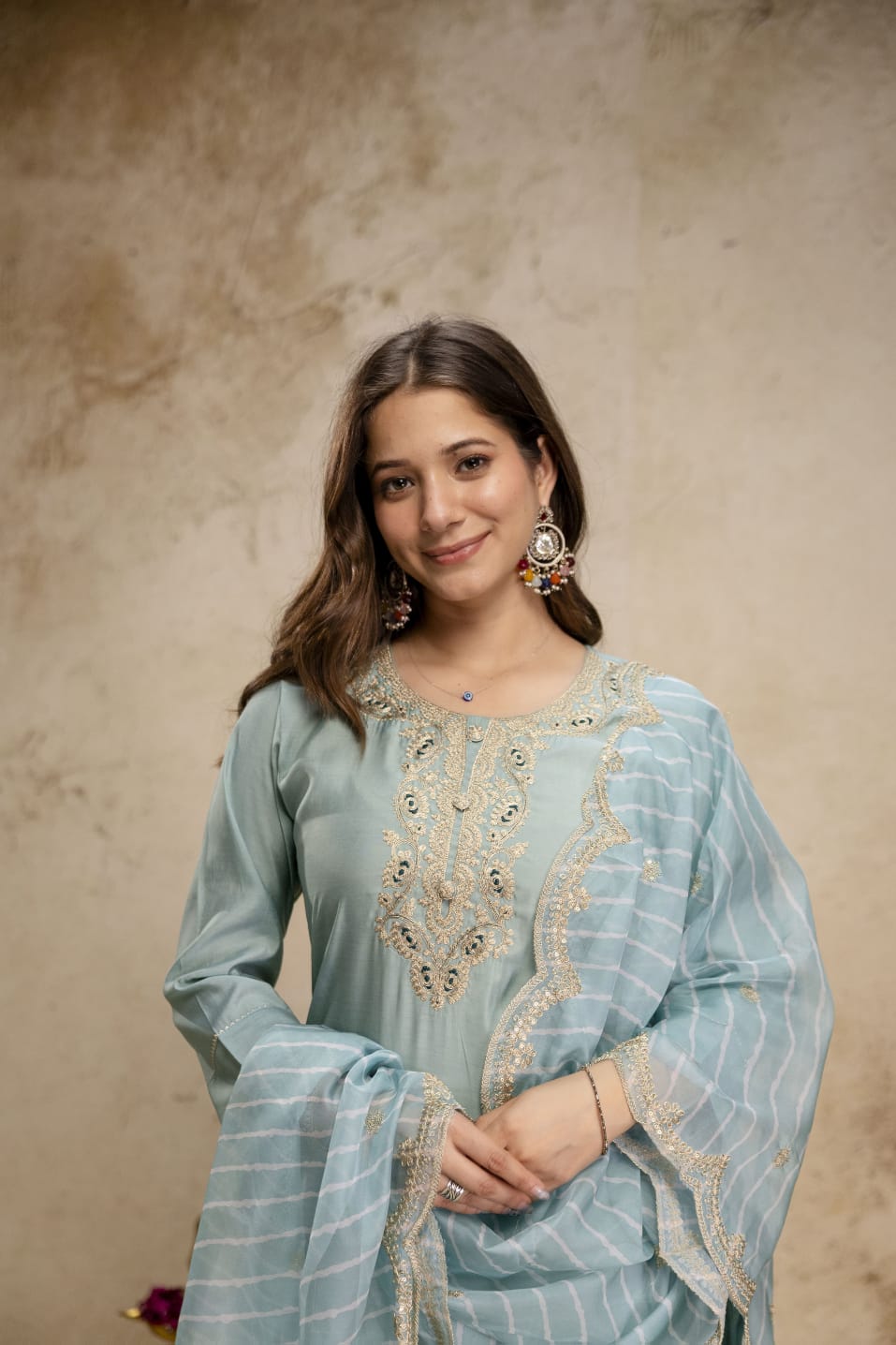 Women's Kurta Set in Powder Blue Viscose Chanderi with Sequin Cording Embroidery