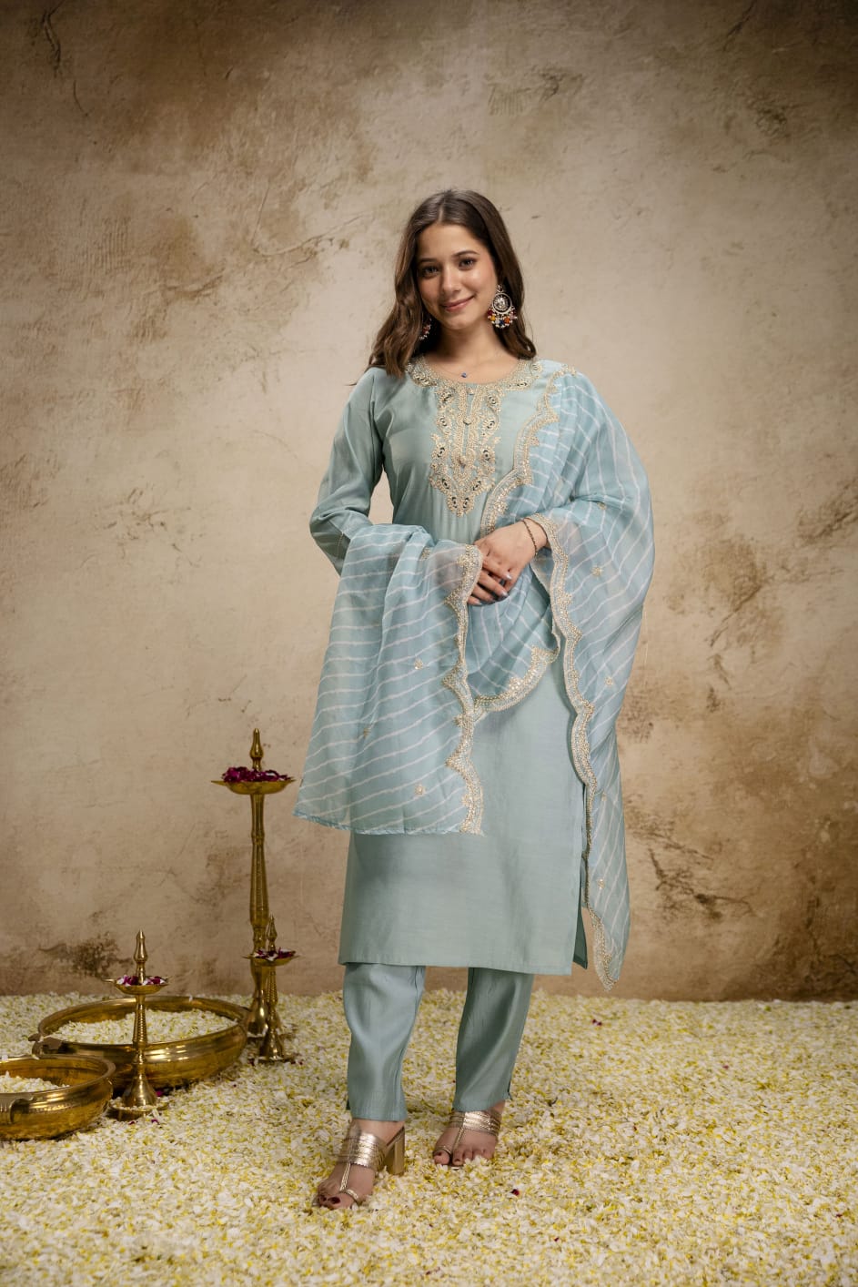Women's Kurta Set in Powder Blue Viscose Chanderi with Sequin Cording Embroidery