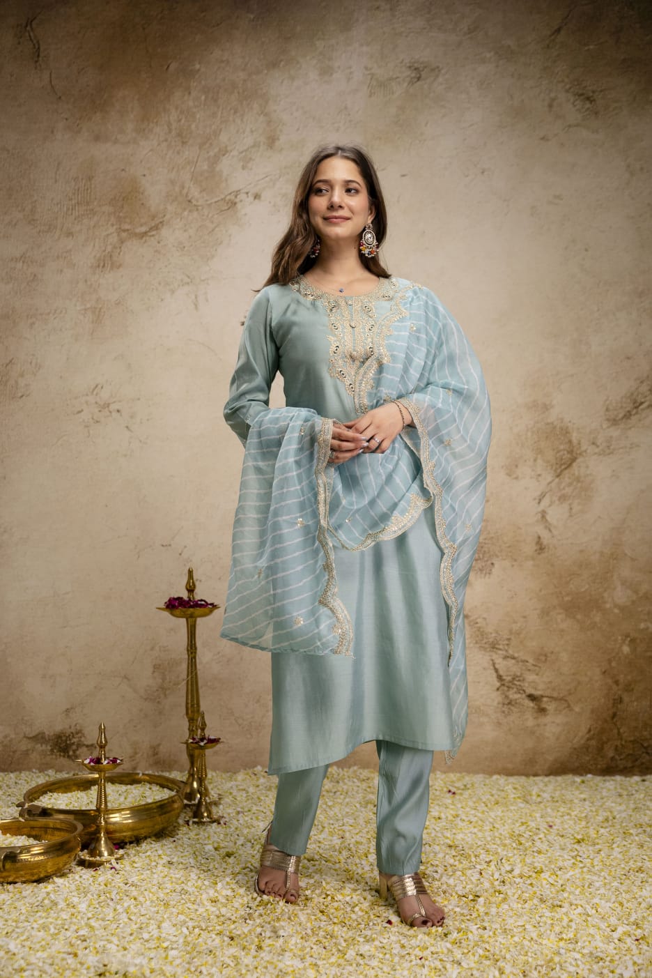 Women's Kurta Set in Powder Blue Viscose Chanderi with Sequin Cording Embroidery