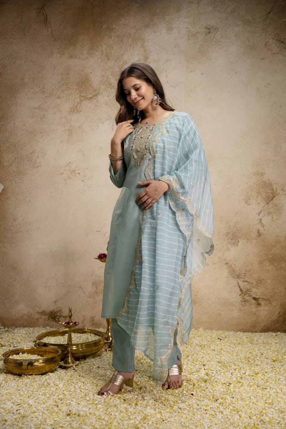 Women's Kurta Set in Powder Blue Viscose Chanderi with Sequin Cording Embroidery