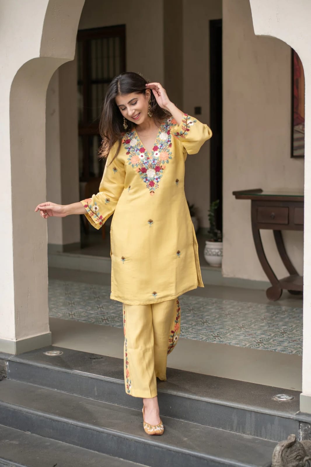 Women's Kurti Pant Set in Yellow French Crepe with Sequin Embroidery