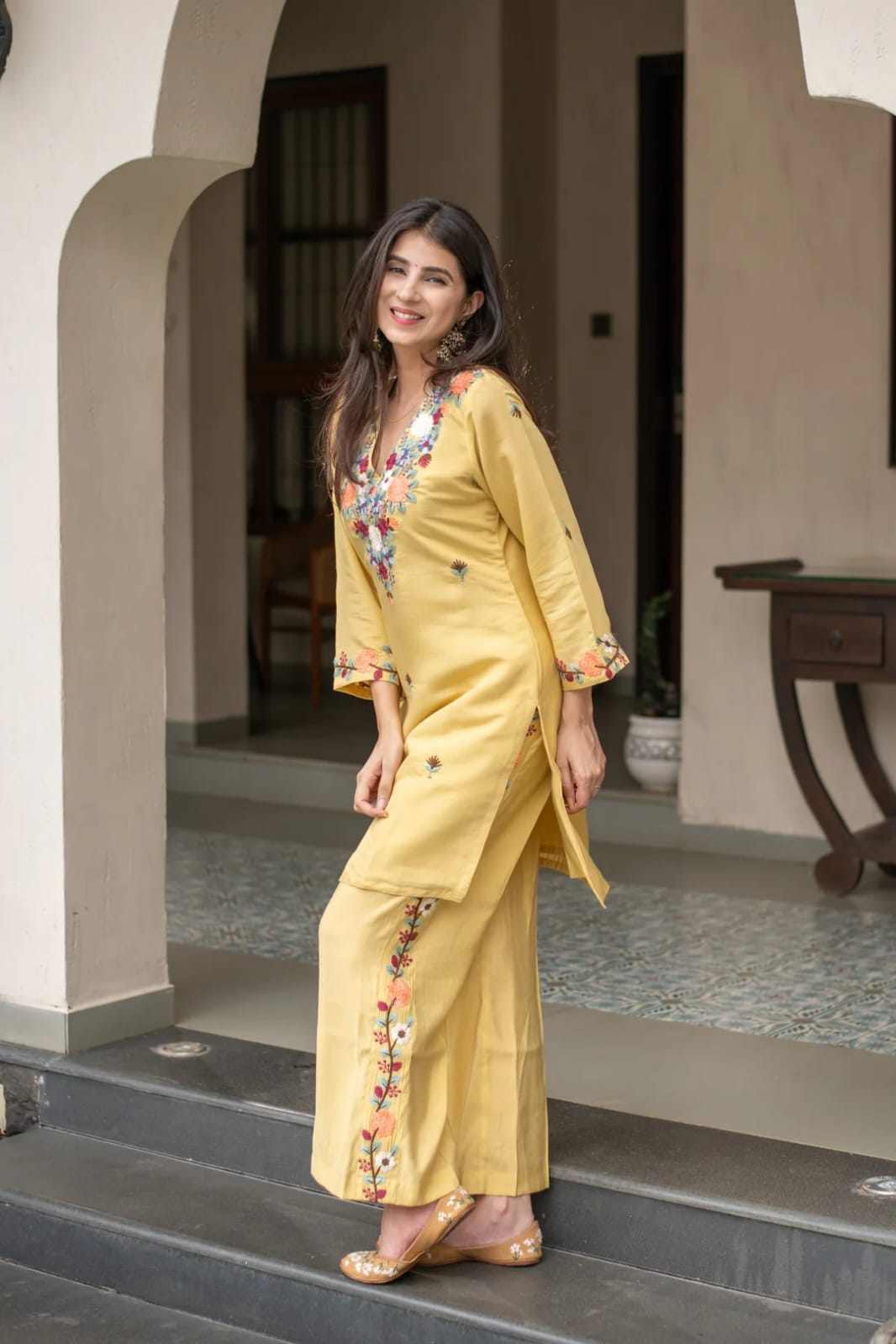 Women's Kurti Pant Set in Yellow French Crepe with Sequin Embroidery