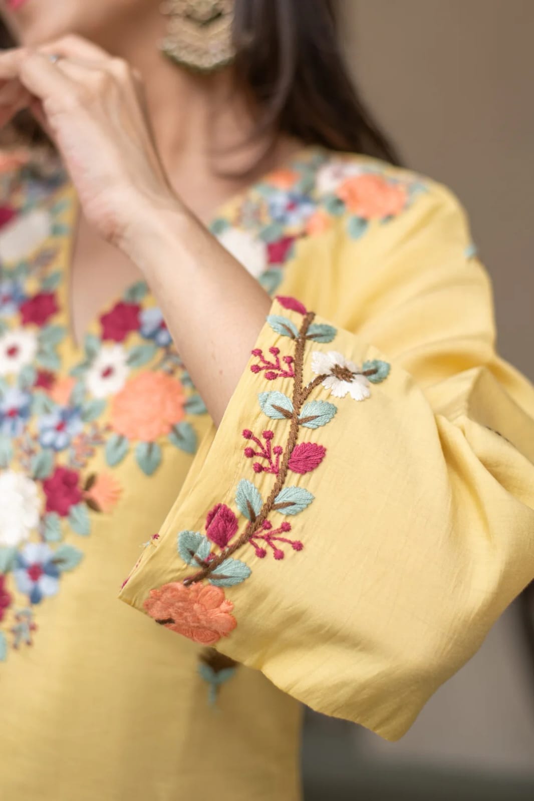 Women's Kurti Pant Set in Yellow French Crepe with Sequin Embroidery