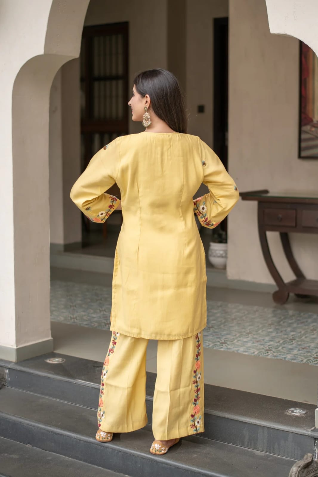 Women's Kurti Pant Set in Yellow French Crepe with Sequin Embroidery