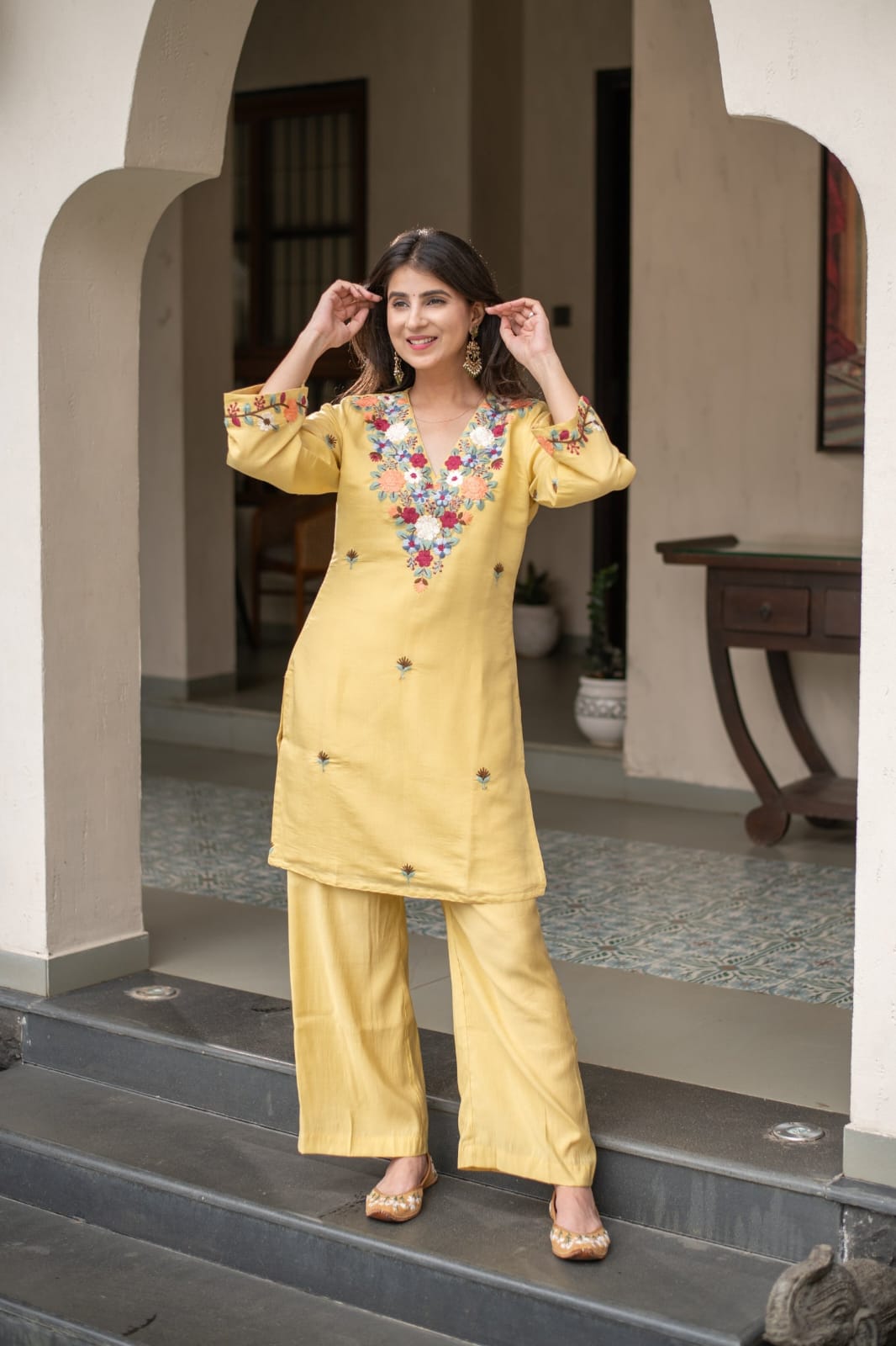 Women's Kurti Pant Set in Yellow French Crepe with Sequin Embroidery