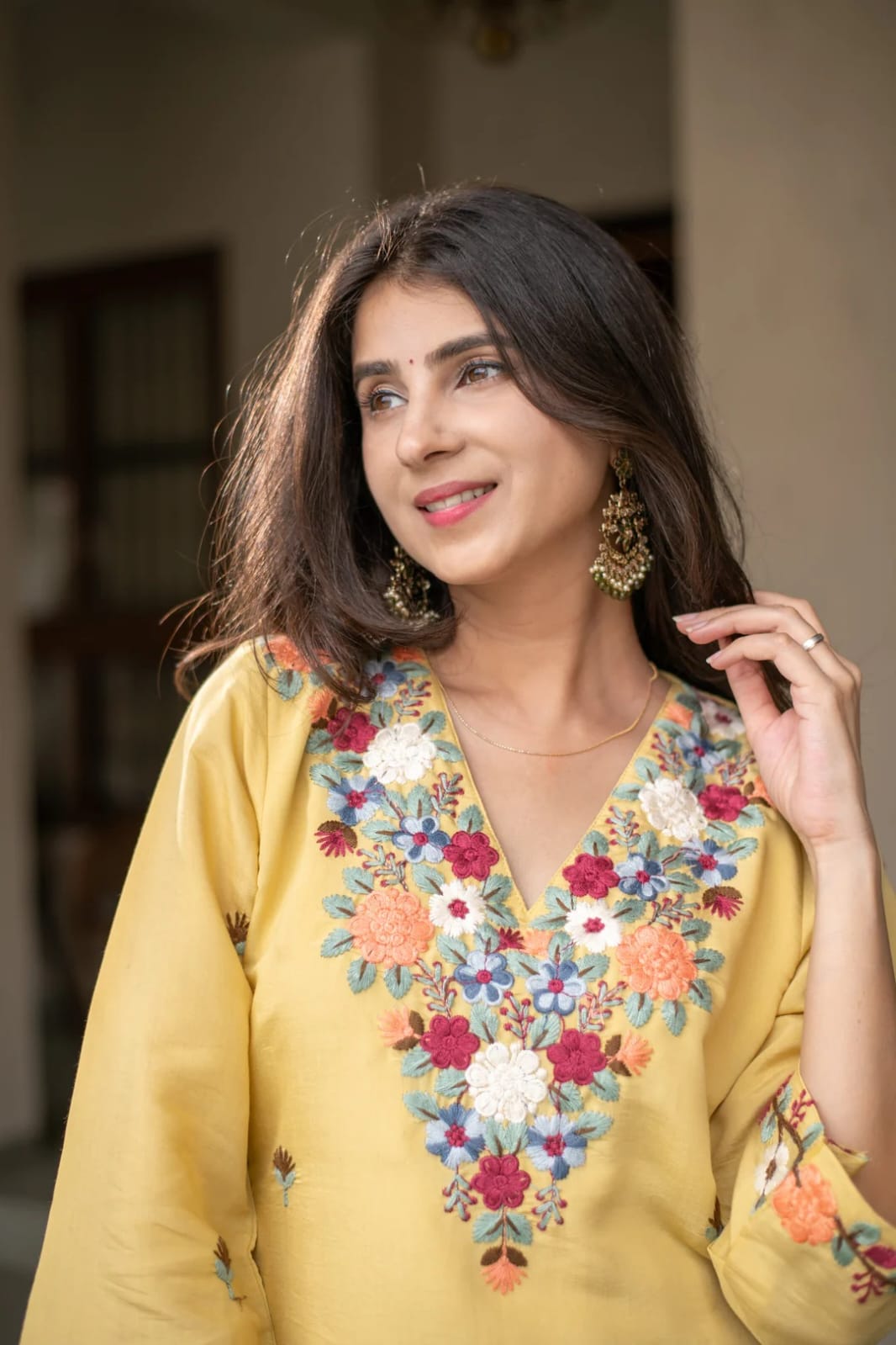 Women's Kurti Pant Set in Yellow French Crepe with Sequin Embroidery