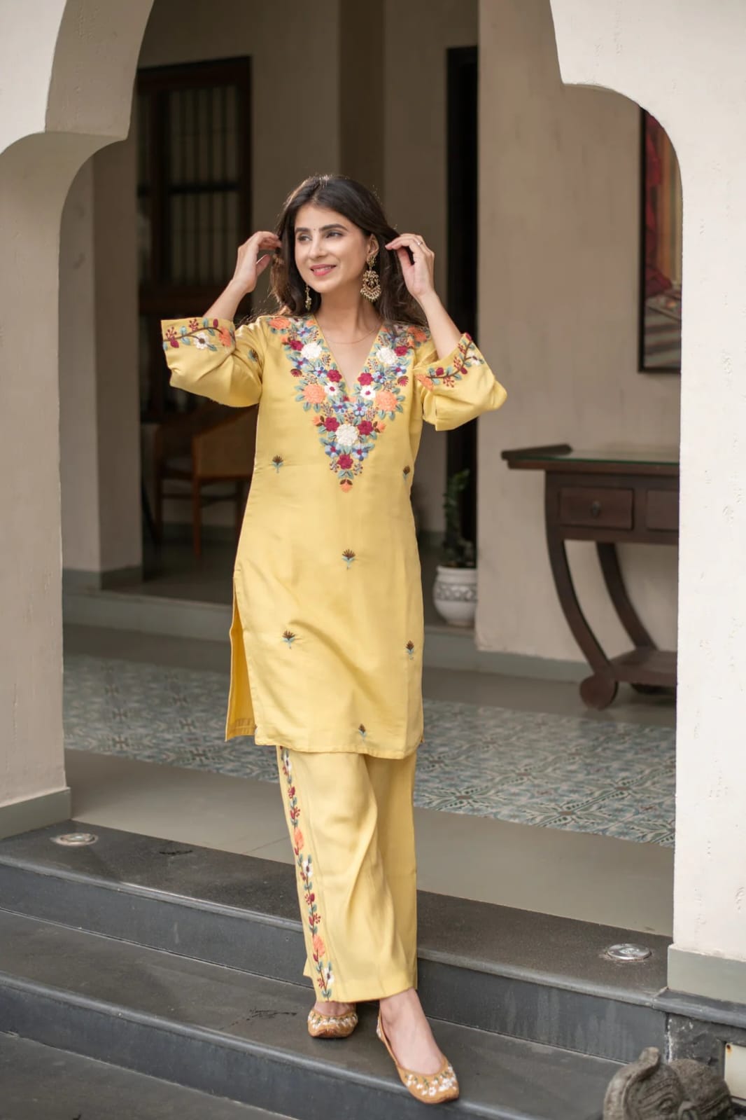 Women's Kurti Pant Set in Yellow French Crepe with Sequin Embroidery