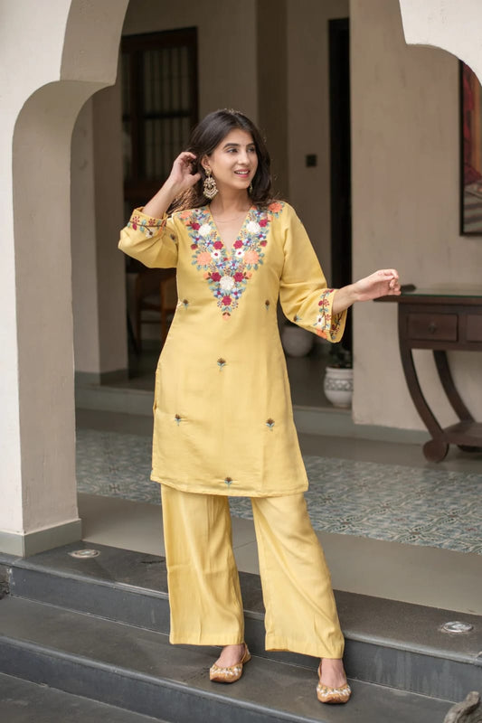 Women's Kurti Pant Set in Yellow French Crepe with Sequin Embroidery