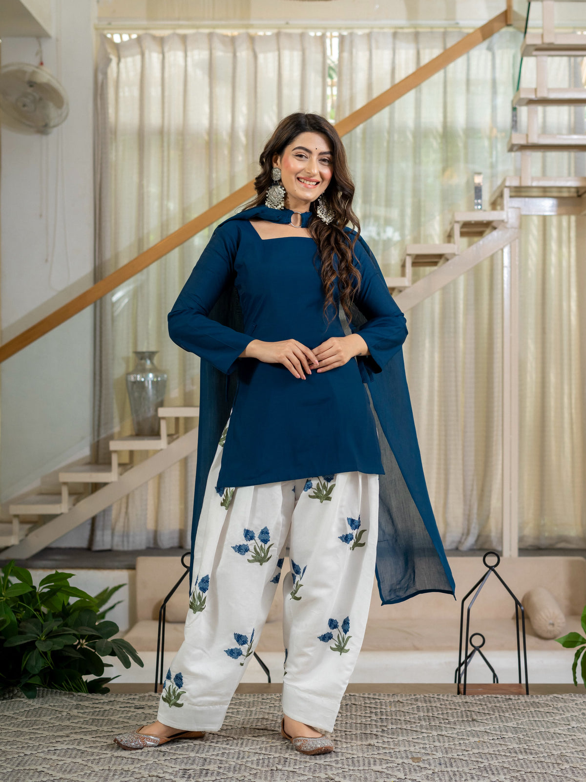Women's Kurta Set in Navy Blue Roman Cotton with Embroidered Farshi Salwar