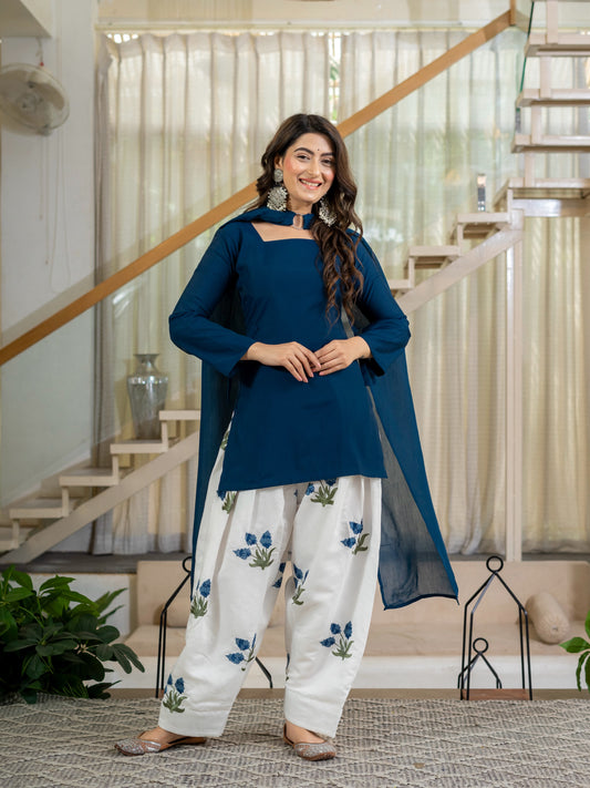 Women's Kurta Set in Navy Blue Roman Cotton with Embroidered Farshi Salwar
