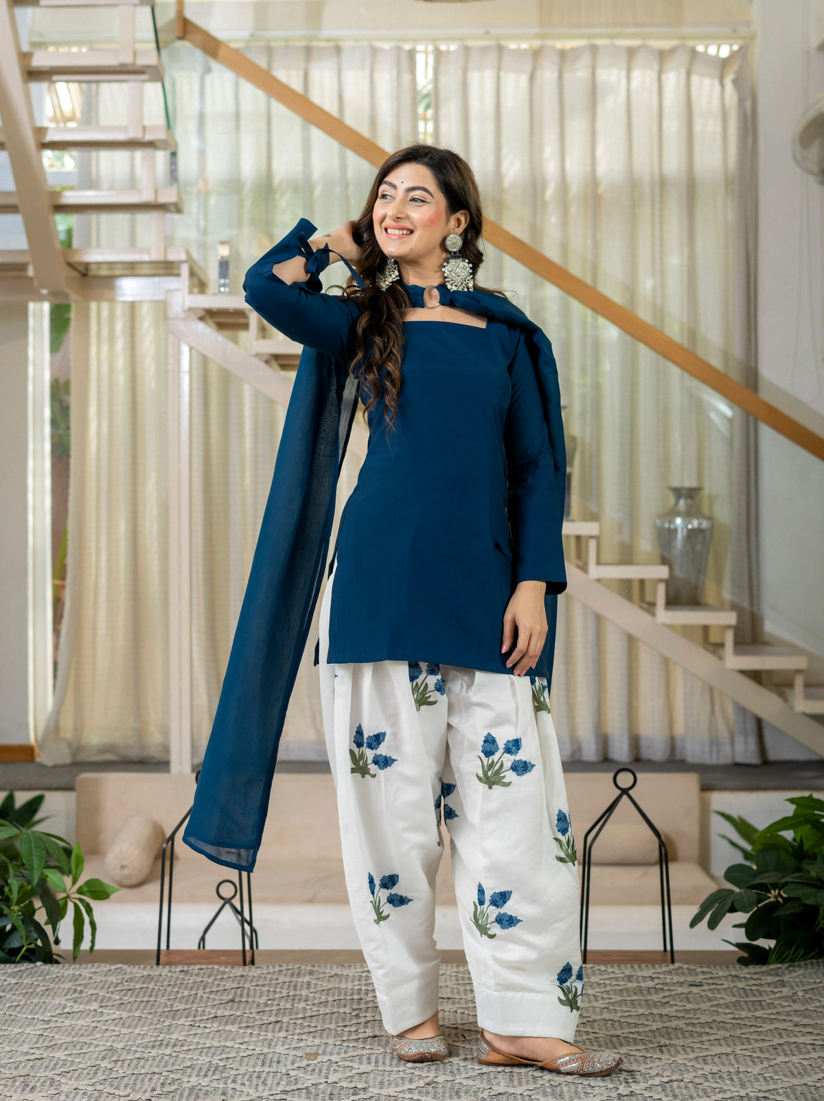 Women's Kurta Set in Navy Blue Roman Cotton with Embroidered Farshi Salwar