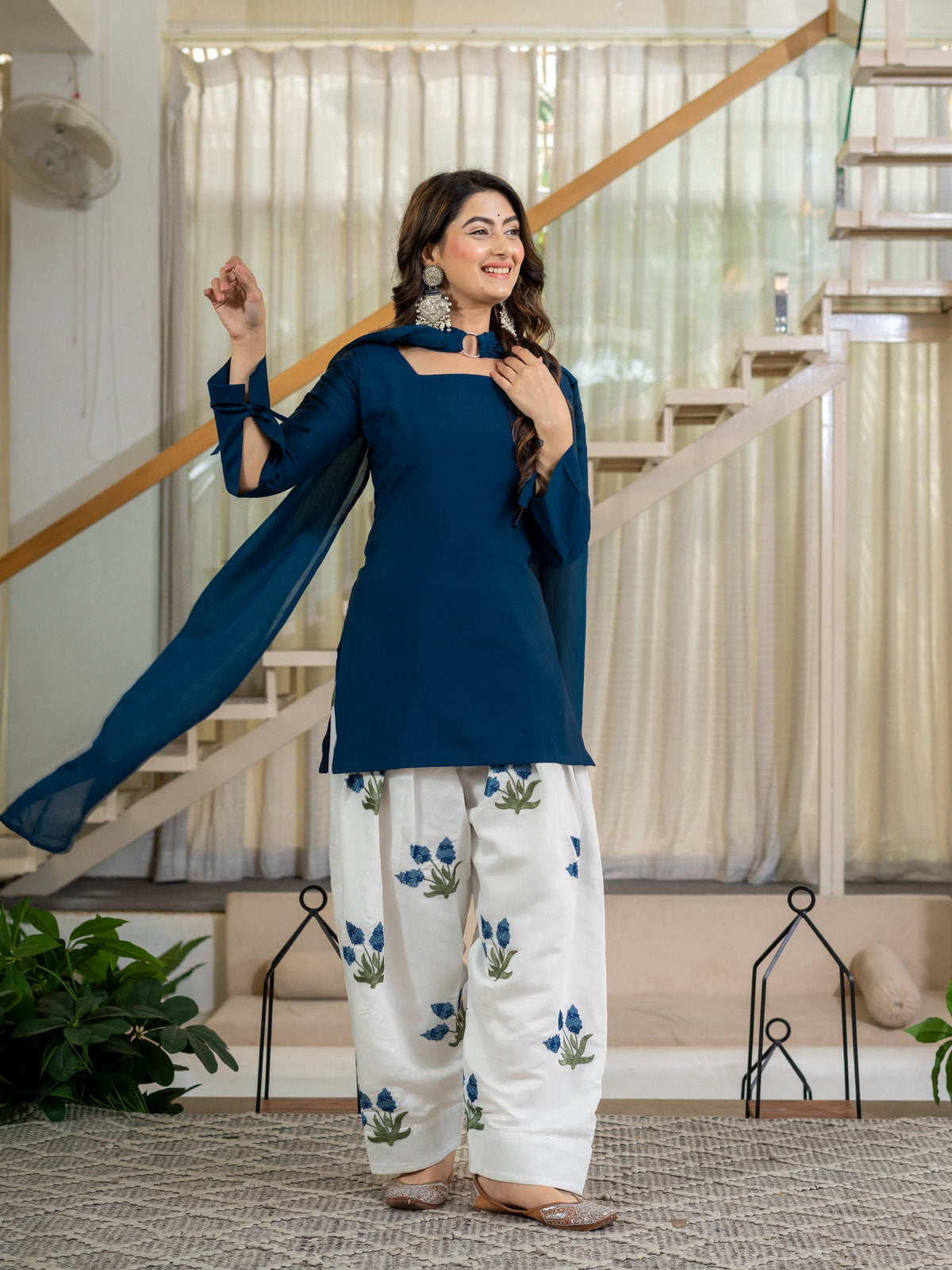 Women's Kurta Set in Navy Blue Roman Cotton with Embroidered Farshi Salwar