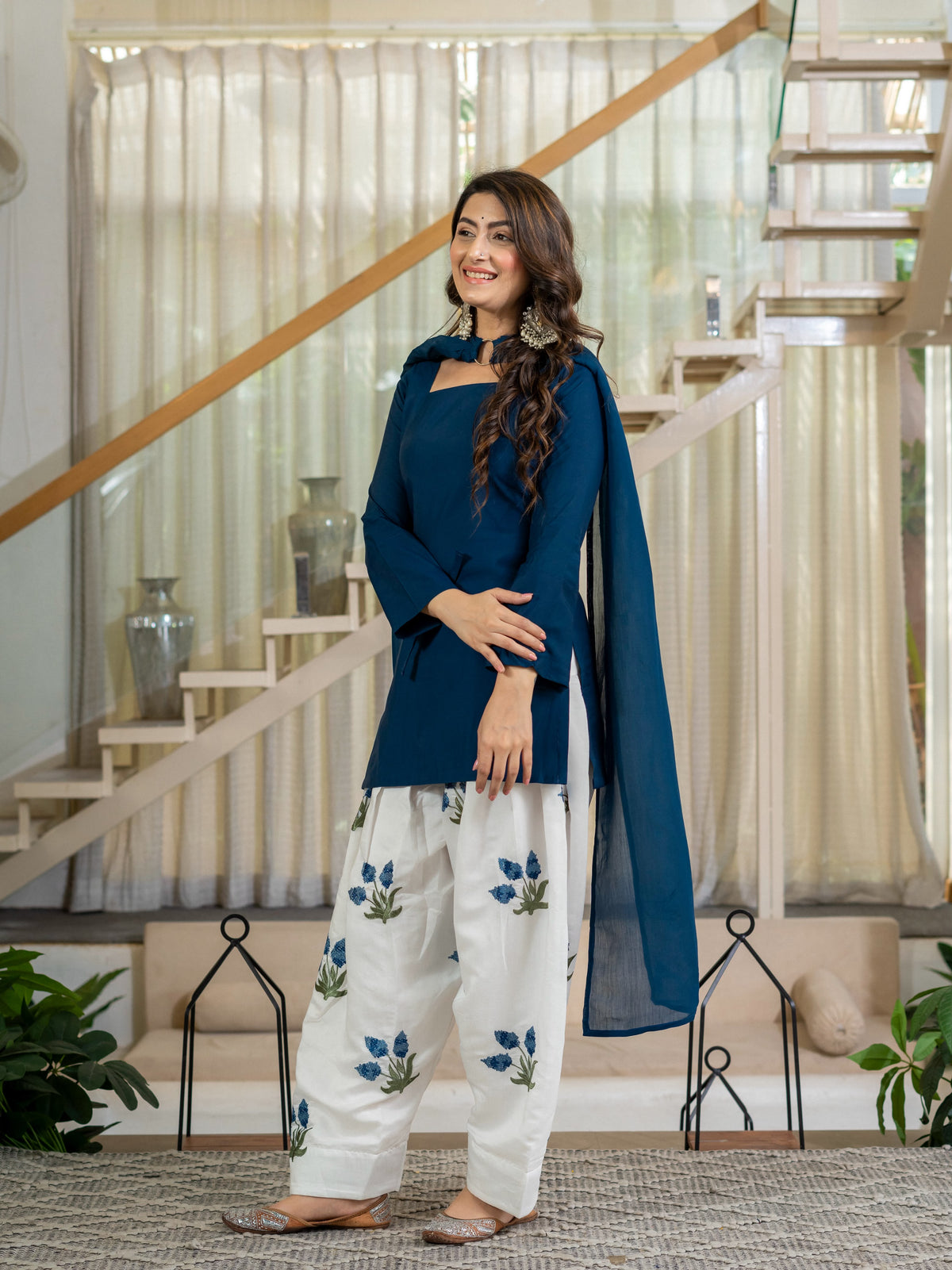 Women's Kurta Set in Navy Blue Roman Cotton with Embroidered Farshi Salwar