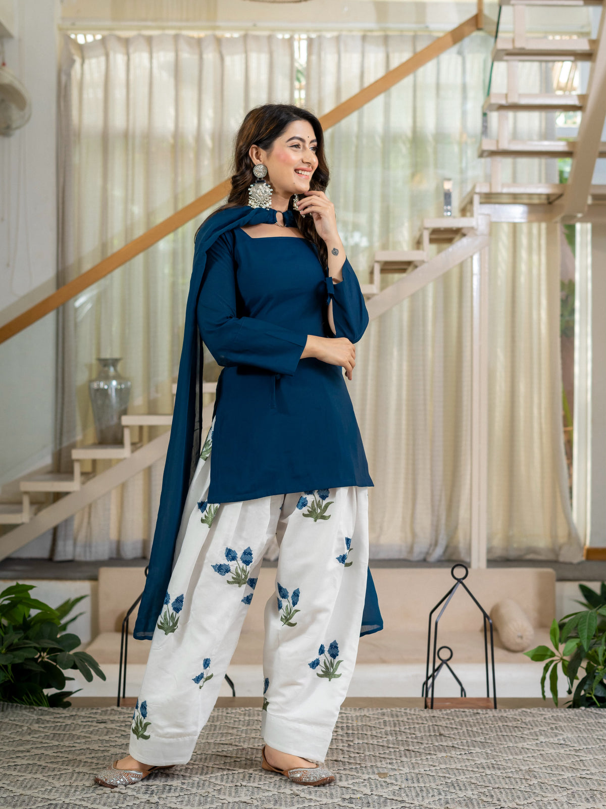 Women's Kurta Set in Navy Blue Roman Cotton with Embroidered Farshi Salwar