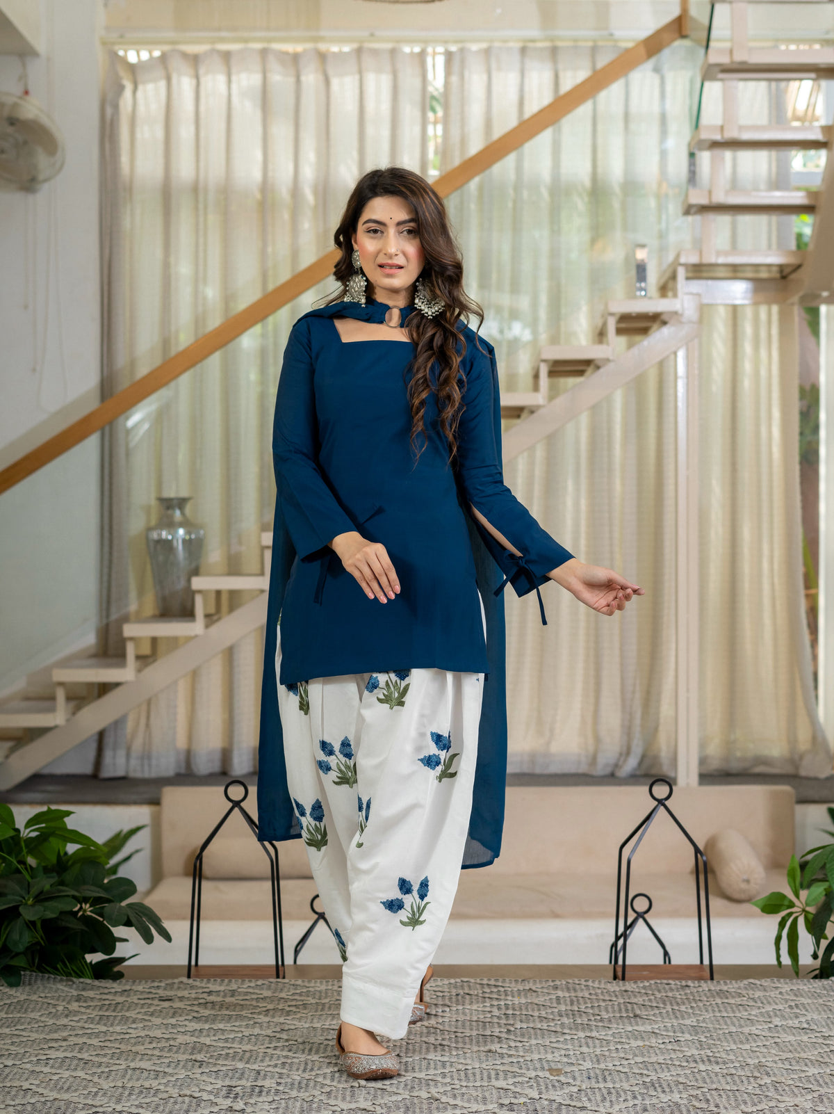 Women's Kurta Set in Navy Blue Roman Cotton with Embroidered Farshi Salwar