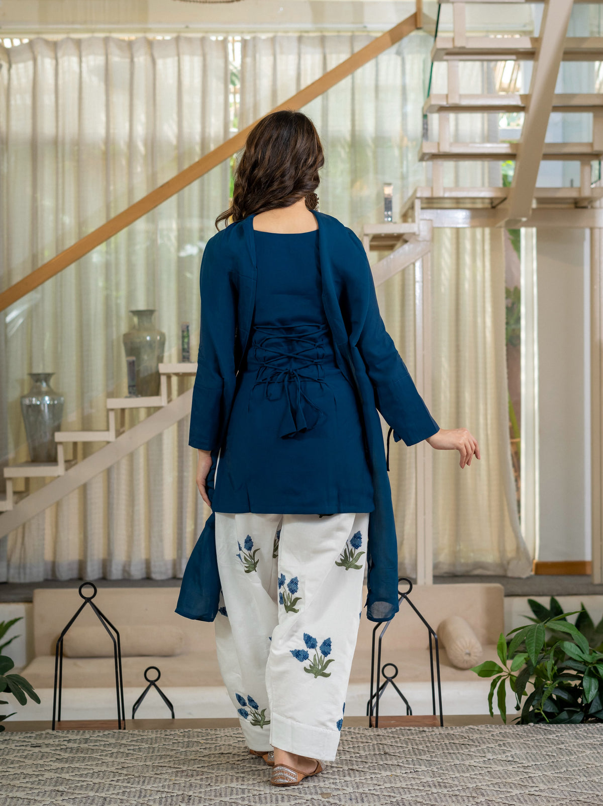 Women's Kurta Set in Navy Blue Roman Cotton with Embroidered Farshi Salwar