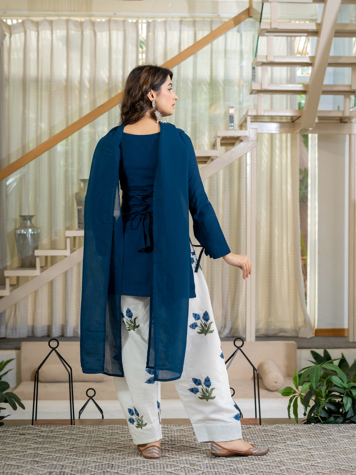 Women's Kurta Set in Navy Blue Roman Cotton with Embroidered Farshi Salwar
