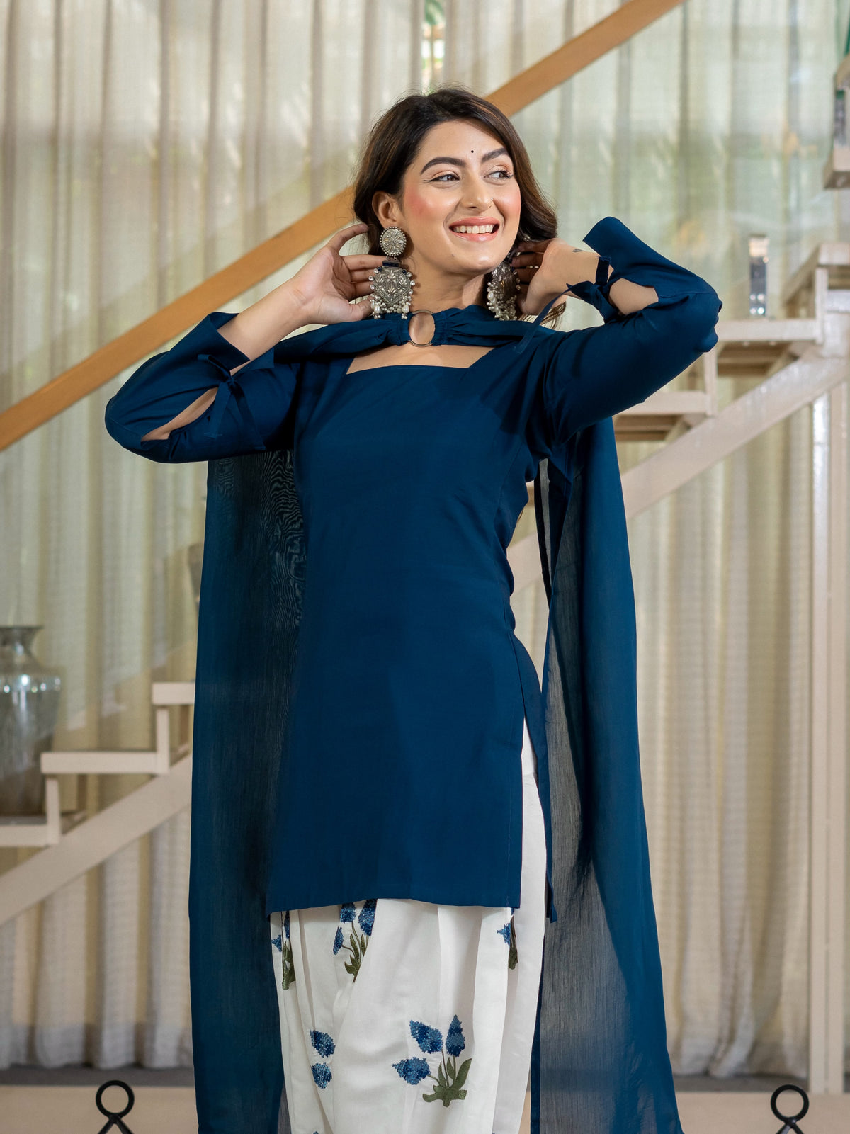 Women's Kurta Set in Navy Blue Roman Cotton with Embroidered Farshi Salwar