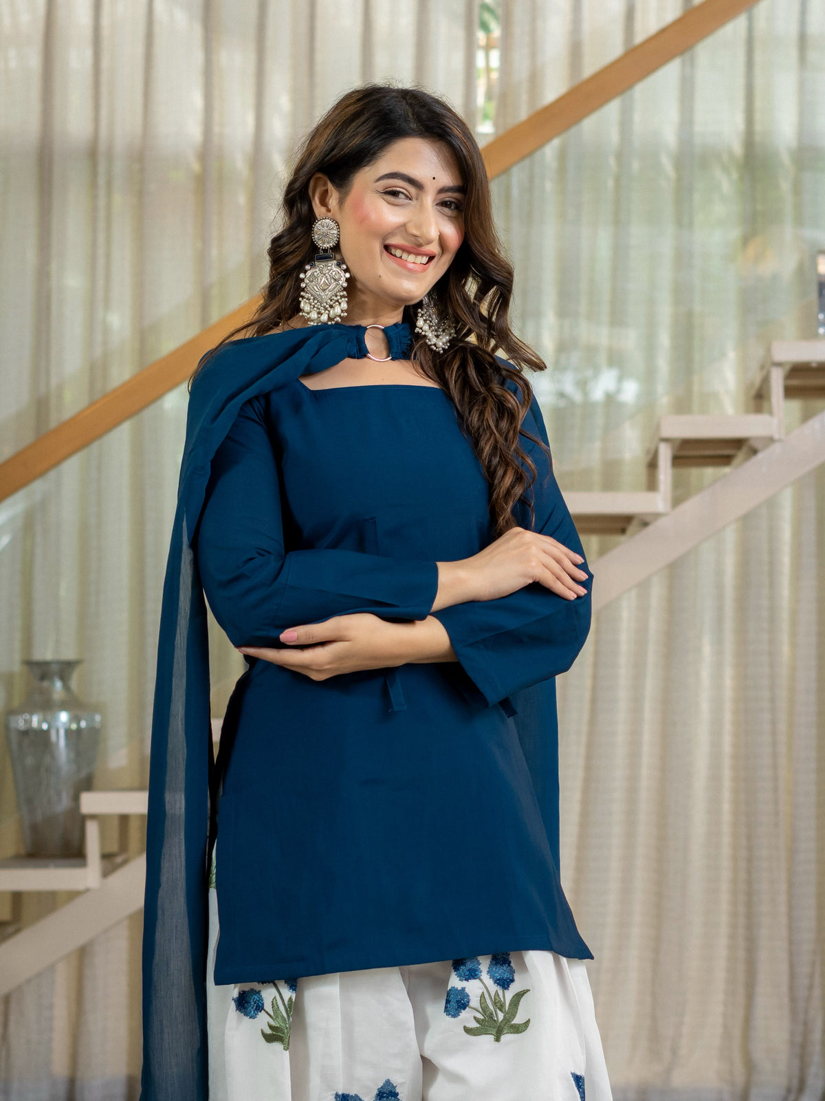 Women's Kurta Set in Navy Blue Roman Cotton with Embroidered Farshi Salwar