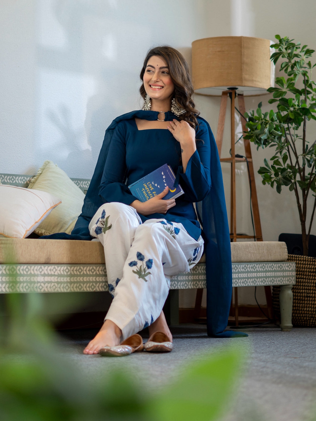 Women's Kurta Set in Navy Blue Roman Cotton with Embroidered Farshi Salwar