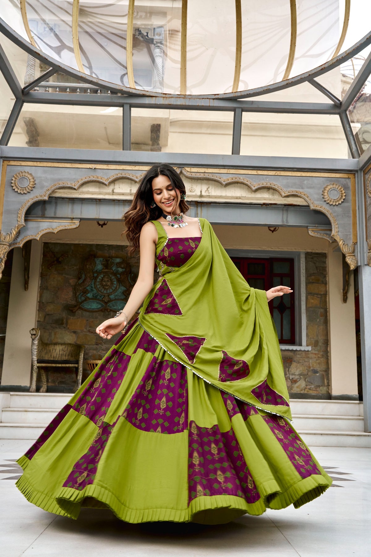 Women's Lehenga Choli in Lime Green Rayon with Ajrakh Print and Mirror Lace